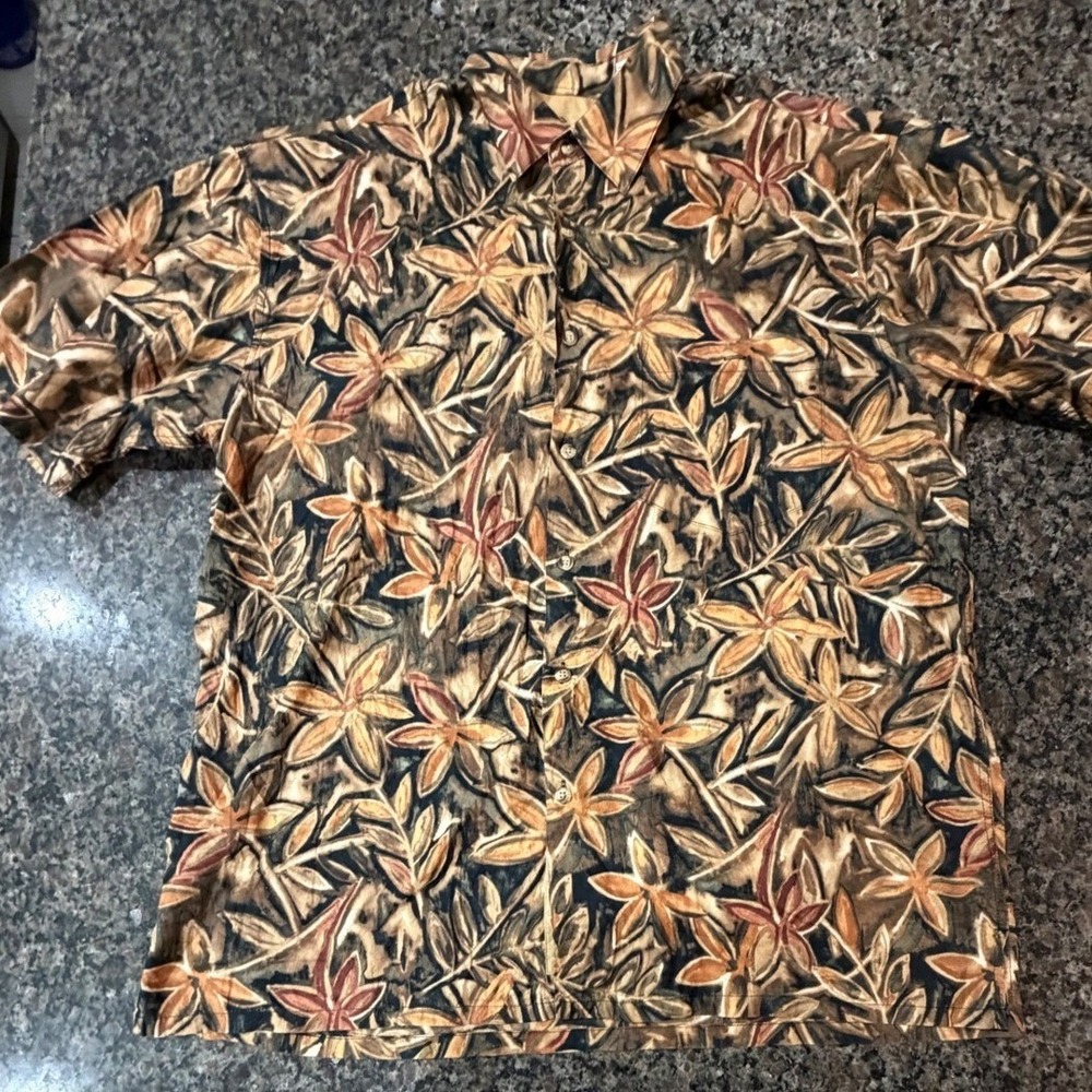 Bamboo Cay Floral Cotton Lawn Short Sleeve Button Down Shirt Brown Tan Medium